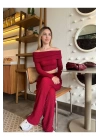 bysoca Kadın Bordo Madonna Yaka Düşük Omuz Gofre Kumaş Dokulu Crop Bluz