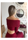 bysoca Kadın Bordo Madonna Yaka Düşük Omuz Gofre Kumaş Dokulu Crop Bluz