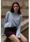 Kadın Mavi Bisiklet Yaka Uzun Kollu Oversize Yumuşak Dokulu Triko Kazak