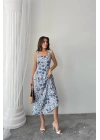 Mavi Çiçekli Viskon Elbise