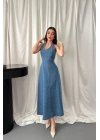Mavi Halter Yaka Jean Elbise - Mavi
