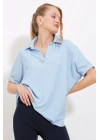 Mavi Oversize Polo Yaka Örme Bluz 0486