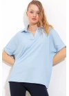 Mavi Oversize Polo Yaka Örme Bluz 0486