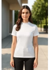 bysoca Kadın Beyaz Yarım Balıkçı Yaka Kısa Kollu Likralı Pamuklu Slim Fit Basic Tişört