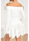 Kadın Beyaz Madonna Yaka Uzun Kollu Eteği Kat Kat Fırfırlı Sandy Kumaş Mini Elbise