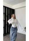 Kadın Beyaz Bisiklet Yaka İspanyol Kollu Vücudu Saran Dalgıç Kumaş Crop Bluz