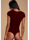 MetuCa Kadın Bordo V Detaylı Kare Yaka Kısa Kollu Jarse Kumaş Tanga Kesim Bodysuit Zıbın
