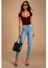 MetuCa Kadın Bordo V Detaylı Kare Yaka Kısa Kollu Jarse Kumaş Tanga Kesim Bodysuit Zıbın