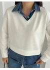 bysoca Kadın Ekru Gömlek Yaka Kot Detaylı V Yaka Uzun Kollu Rahat Kesim İki İplik Kumaş Sweatshirt
