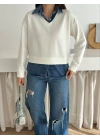 bysoca Kadın Ekru Gömlek Yaka Kot Detaylı V Yaka Uzun Kollu Rahat Kesim İki İplik Kumaş Sweatshirt