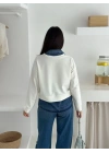 bysoca Kadın Ekru Gömlek Yaka Kot Detaylı V Yaka Uzun Kollu Rahat Kesim İki İplik Kumaş Sweatshirt