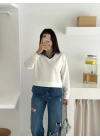 bysoca Kadın Ekru Gömlek Yaka Kot Detaylı V Yaka Uzun Kollu Rahat Kesim İki İplik Kumaş Sweatshirt