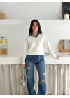 bysoca Kadın Ekru Gömlek Yaka Kot Detaylı V Yaka Uzun Kollu Rahat Kesim İki İplik Kumaş Sweatshirt