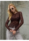 Kadın Kahverengi Bisiklet Yaka File Desenli Düğmeli Uzun Kollu Transparan Dantel Hırka Bluz