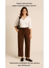 Kadın Kahverengi Bol Paça Belmando Kumaş Beli Lastikli Pantolon - Yumuşak Doku Oversize Model