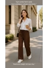 Kadın Kahverengi Bol Paça Belmando Kumaş Beli Lastikli Pantolon - Yumuşak Doku Oversize Model