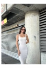 Kadın Beyaz Kare Yaka Kalın Askılı Sırtı Açık Vücudu Saran Kaşkorse Uzun Maxi Boy Elbise