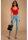 MetuCa Kadın Kırmızı V Detaylı Kare Yaka Kısa Kollu Jarse Kumaş Tanga Kesim Bodysuit Zıbın