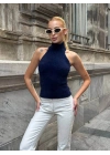 bysoca Kadın Lacivert Balıkçı Halter Yaka Sırtı Açık Yumuşak Dokulu Triko Büstiyer Bluz