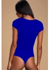 MetuCa Kadın Mavi V Detaylı Kare Yaka Kısa Kollu Jarse Kumaş Tanga Kesim Bodysuit Zıbın