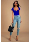 MetuCa Kadın Mavi V Detaylı Kare Yaka Kısa Kollu Jarse Kumaş Tanga Kesim Bodysuit Zıbın