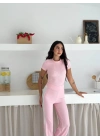 Kadın Pembe Yanı Beyaz Şeritli Yüksek Bel Pamuklu Crop Geniş Paça Eşofman Altı İkili Takım