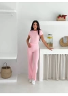Kadın Pembe Yanı Beyaz Şeritli Yüksek Bel Pamuklu Crop Geniş Paça Eşofman Altı İkili Takım
