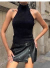 Kadın Siyah Balıkçı Halter Yaka Sırtı Açık Yumuşak Dokulu Triko Büstiyer Bluz