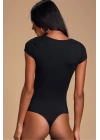 MetuCa Kadın Siyah V Detaylı Kare Yaka Kısa Kollu Jarse Kumaş Tanga Kesim Bodysuit Zıbın