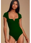 MetuCa Kadın Yeşil V Detaylı Kare Yaka Kısa Kollu Jarse Kumaş Tanga Kesim Bodysuit Zıbın