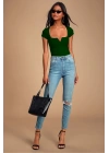 MetuCa Kadın Yeşil V Detaylı Kare Yaka Kısa Kollu Jarse Kumaş Tanga Kesim Bodysuit Zıbın