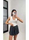 bysoca Kadın Antrasit Yüksek Bel Lastikli Pileli Etek Görünümlü İçi Şortlu Spor Tenis Skort