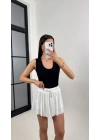 bysoca Kadın Beyaz Yüksek Bel Lastikli Pileli Etek Görünümlü İçi Şortlu Spor Tenis Skort