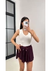 bysoca Kadın Bordo Yüksek Bel Lastikli Pileli Etek Görünümlü İçi Şortlu Spor Tenis Skort