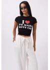 Nakış Detay Baskılı Crop T-Shirt