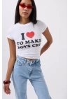 Nakış Detay Baskılı Crop T-Shirt
