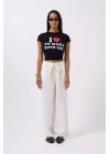 Nakış Detay Baskılı Crop T-Shirt