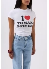 Nakış Detay Baskılı Crop T-Shirt