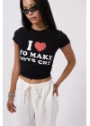 Nakış Detay Baskılı Crop T-Shirt
