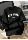New York Baskılı Oversize Bisiklet Yaka T-shirt - Siyah