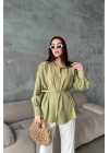 Kadın Yeşil Kemerli Düğmeli Uzun Balon Kollu Dökümlü Oversize Tunik Gömlek