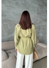 Kadın Yeşil Kemerli Düğmeli Uzun Balon Kollu Dökümlü Oversize Tunik Gömlek