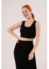 Örme Detaylı Etek Ve Bluz Siyah Takım