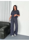Osy Modal Yumuşak Dokulu Kumaş Bisiklet Yaka T-shirt Bol Paça Pantalon Ikili Takım -Antrasit