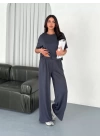 Osy Modal Yumuşak Dokulu Kumaş Bisiklet Yaka T-shirt Bol Paça Pantalon Ikili Takım -Antrasit