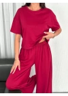 Osy Modal Yumuşak Dokulu Kumaş Bisiklet Yaka T-shirt Bol Paça Pantalon Ikili Takım -Bordo