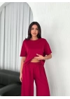 Osy Modal Yumuşak Dokulu Kumaş Bisiklet Yaka T-shirt Bol Paça Pantalon Ikili Takım -Bordo