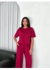 Osy Modal Yumuşak Dokulu Kumaş Bisiklet Yaka T-shirt Bol Paça Pantalon Ikili Takım -Bordo