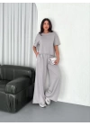 Osy Modal Yumuşak Dokulu Kumaş Bisiklet Yaka T-shirt  Bol Paça Pantalon Ikili Takım - Boyalı Gri