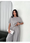 Osy Modal Yumuşak Dokulu Kumaş Bisiklet Yaka T-shirt  Bol Paça Pantalon Ikili Takım - Boyalı Gri